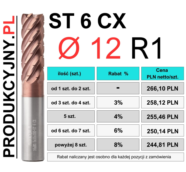 Frez trochoidalny fi 12 R1 ST 6 CX z łamaczem wióra
